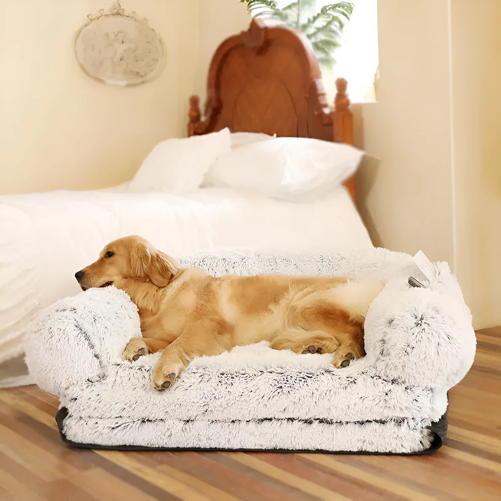 Foldable dog kennel sofa bed in long hair light grey, 180x115x25cm, with removable washable cloth cover