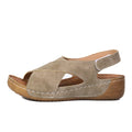 Women's Roman platform sandals with skirt detail, open toe, and adjustable velcro strap.