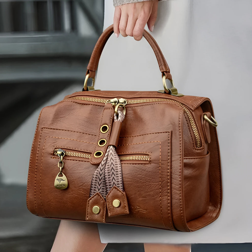 Women's retro style crossbody bag in soft PU leather with sandwich pocket, shown in six colour options