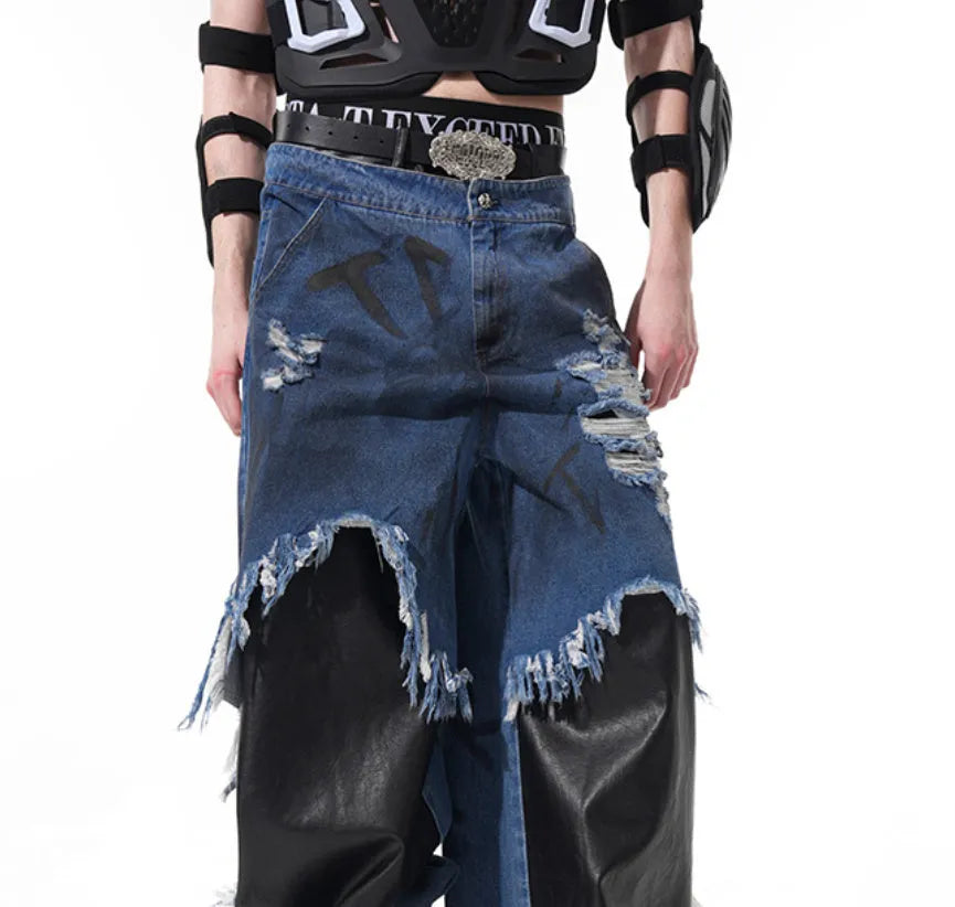 Blue hand painted letters dirty dyed raw hem ripped straight-leg denim pants for teenagers