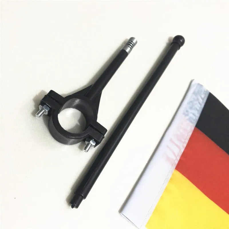 Small square polyester cycling flag on a plastic handlebar pole for bikes or promotions.