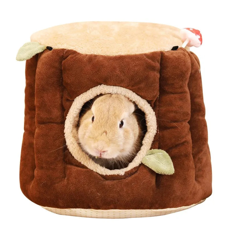 Brown cloth rabbit stump nest pet bed shown in small, medium, and large sizes.