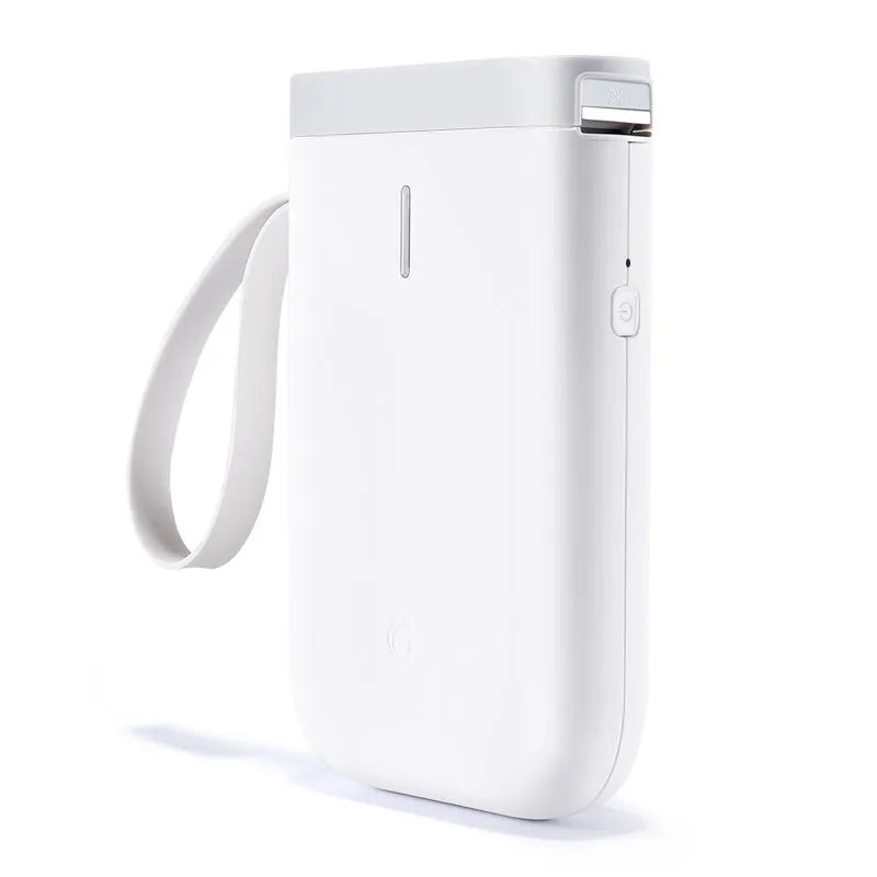 D11 Bluetooth thermal label printer with compact black design shown next to printed labels