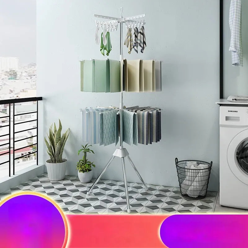 Mobile three-layer stainless steel drying rack with plastic clips and dedicated garment sections