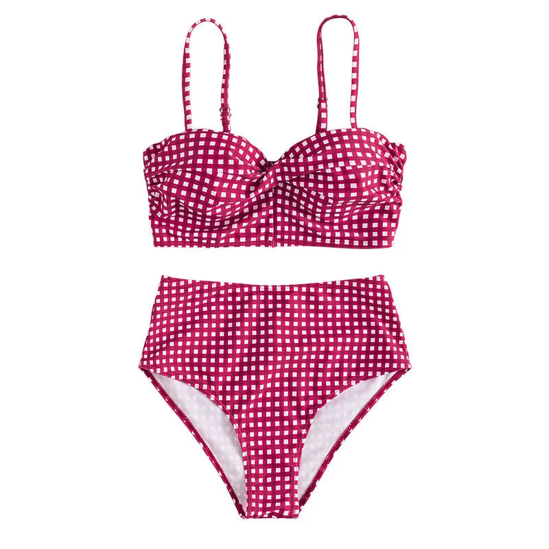 Women's high-waisted plaid bikini swimsuit with removable cups in rose red colour