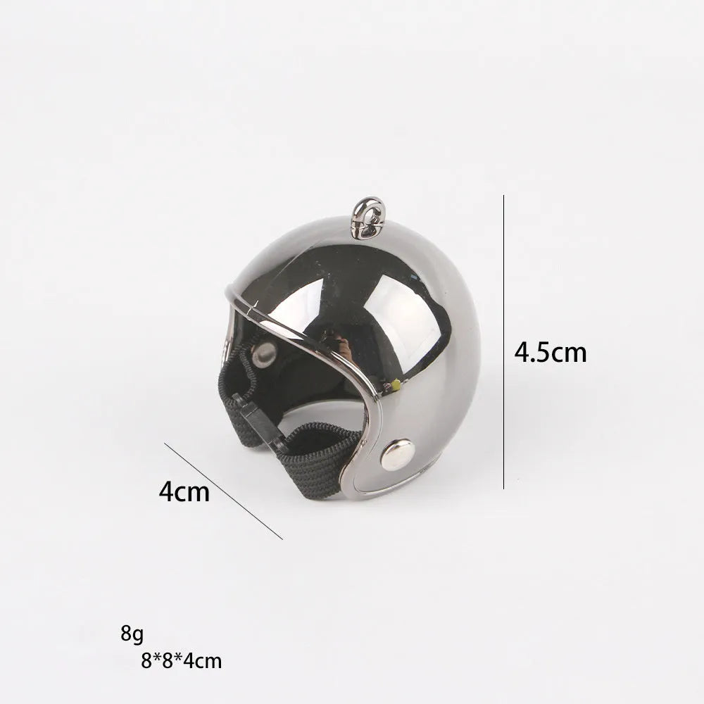Small hard plastic pet helmet with elastic straps, shown on a chicken.