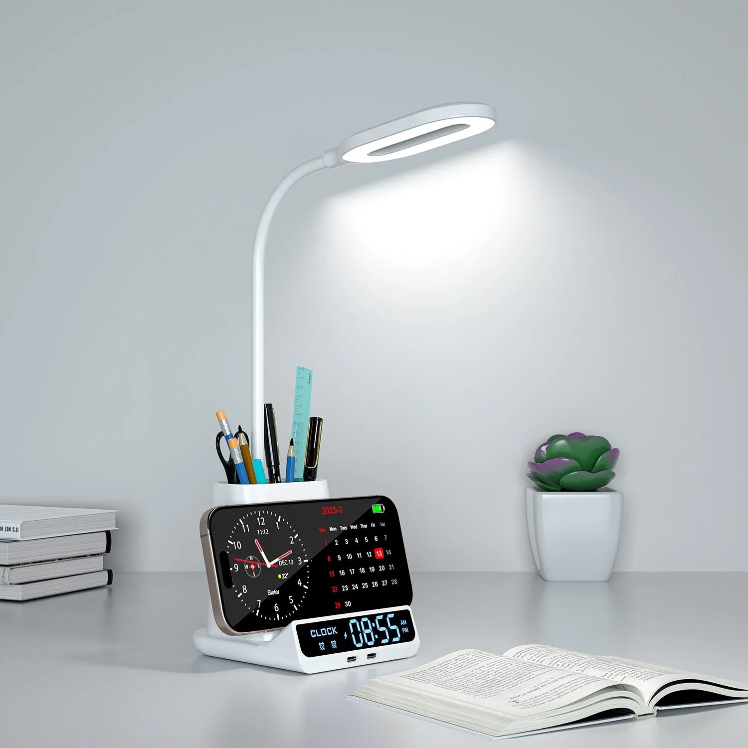Modern minimalist desk lamp with wireless charging pad and integrated pen holder storage box.