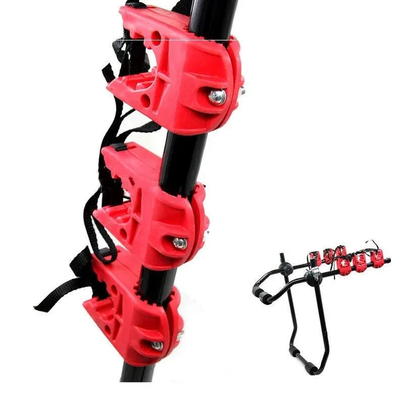 Black and red trunk mounted car bike rack with tie rope and pull belt fastening options.