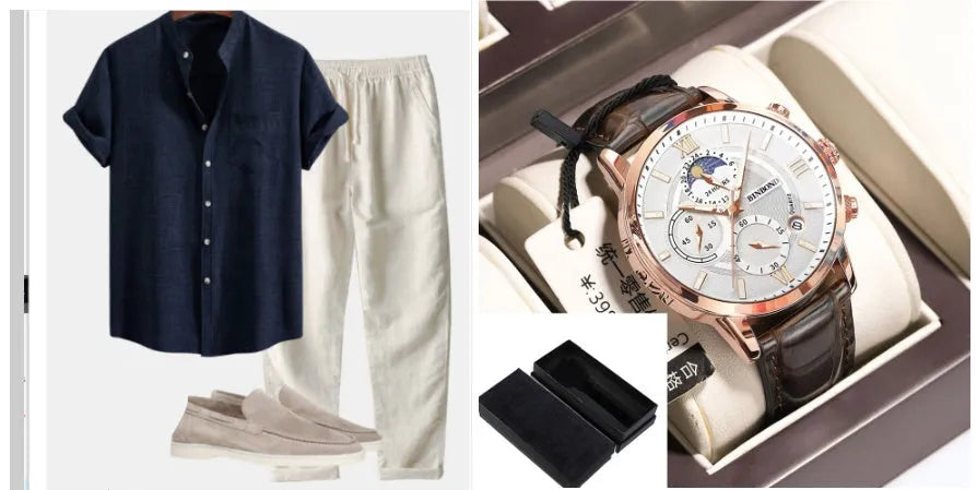 Men's blue slim-fit stand collar short-sleeved shirt with 3D digital printing, paired with trousers and shoes from the coordinated set.