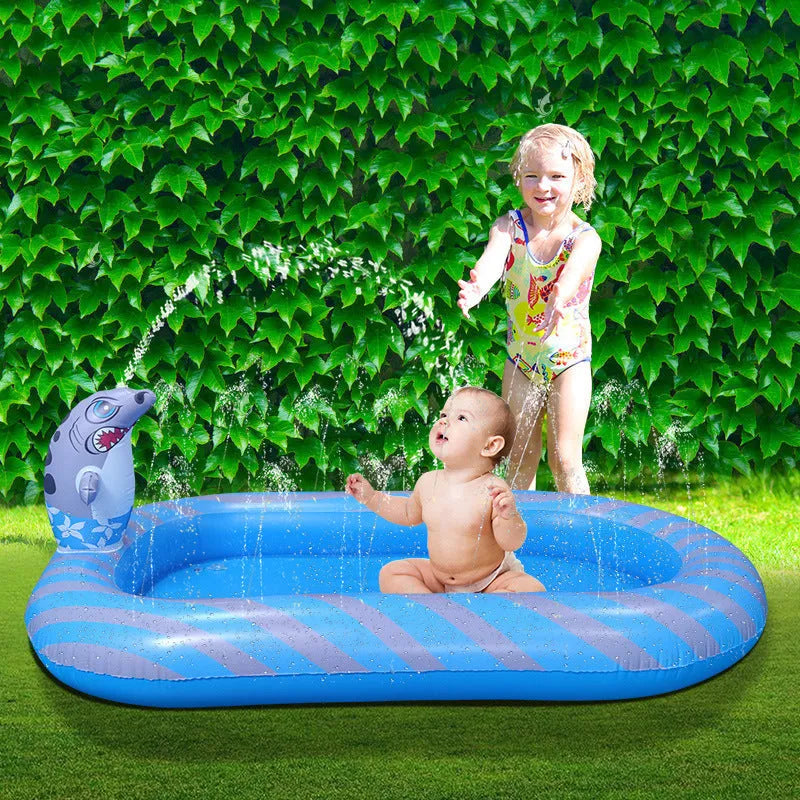 Blue dinosaur inflatable water spray pool measuring 170cm long with water play features