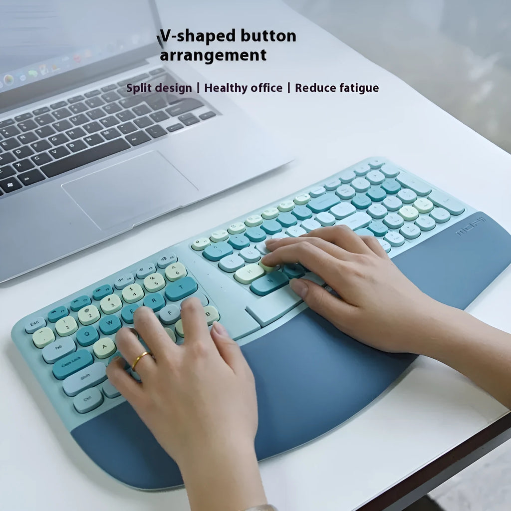 Ergonomic wireless keyboard and mouse set with wrist splint, waterproof veneer finish, shown in mixed colour options