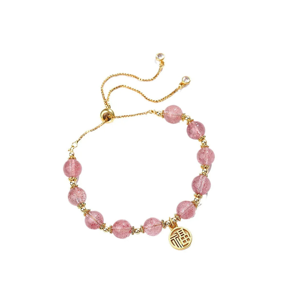 Women's strawberry quartz crystal bracelet with geometric shape and silver fu character design