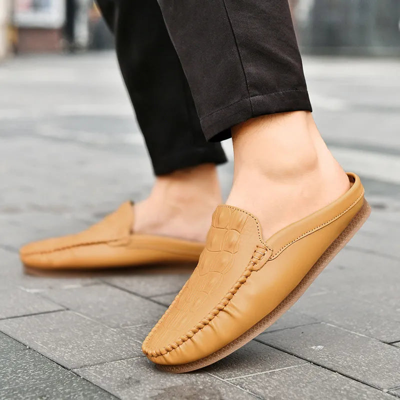 Men's black summer semi-slippers with artificial PU upper and rubber sole, breathable design