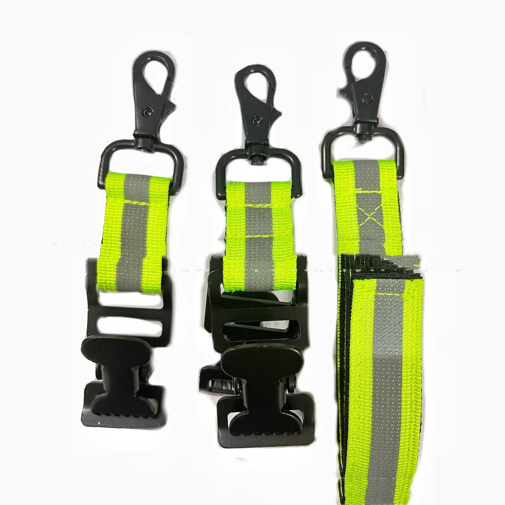 Fluorescent green metal safety clip for securing work gloves on a belt.