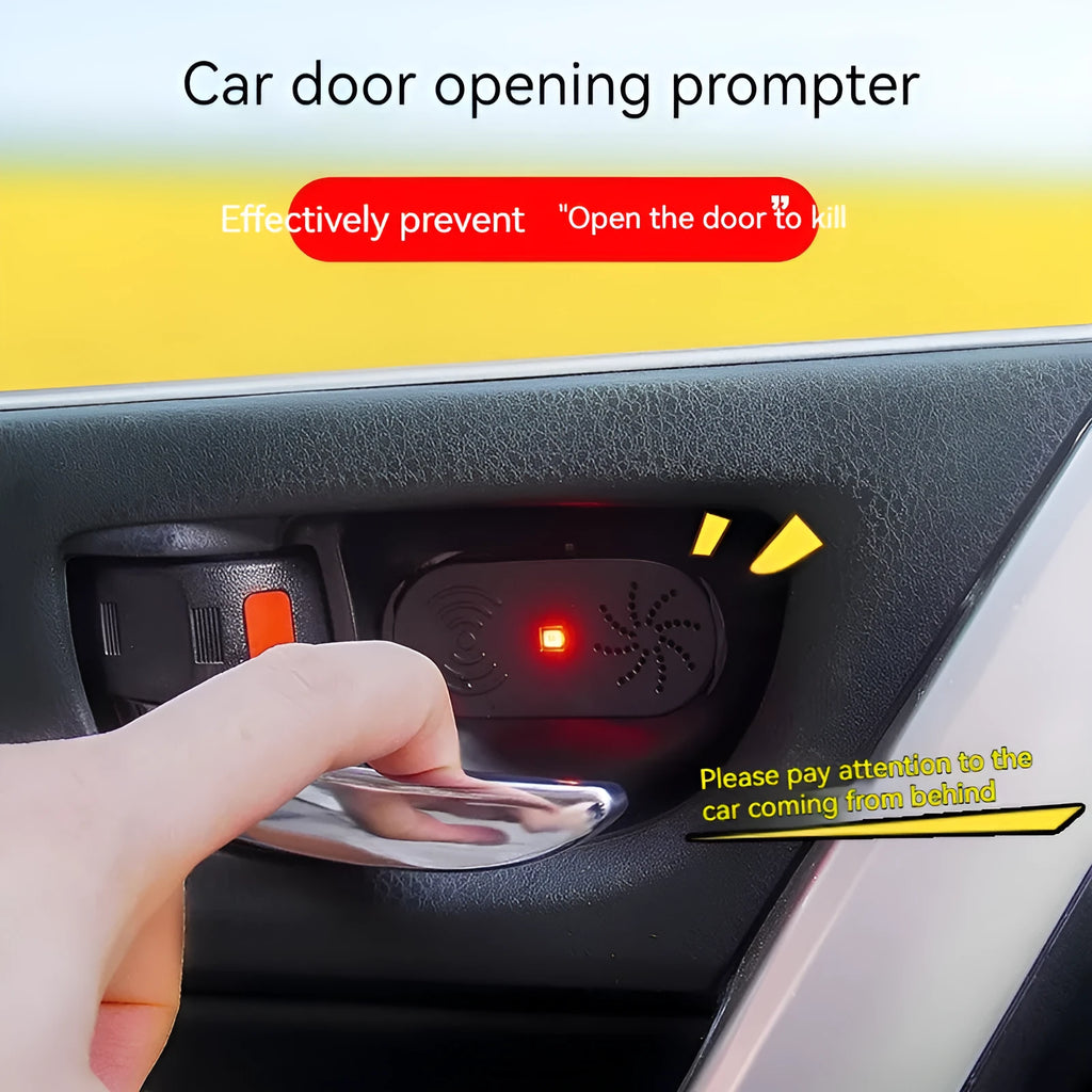 Black ABS car door reminder alarm with infrared sensor, 5V universal fit, Chinese or English voice option.