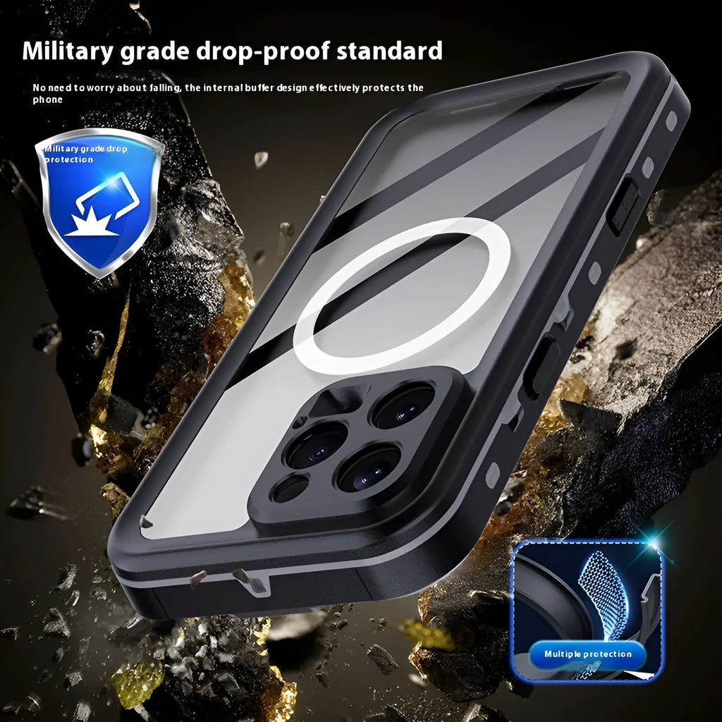 Black dark gray waterproof phone case for iPhone 16 series with anti-fall shell and secure seal