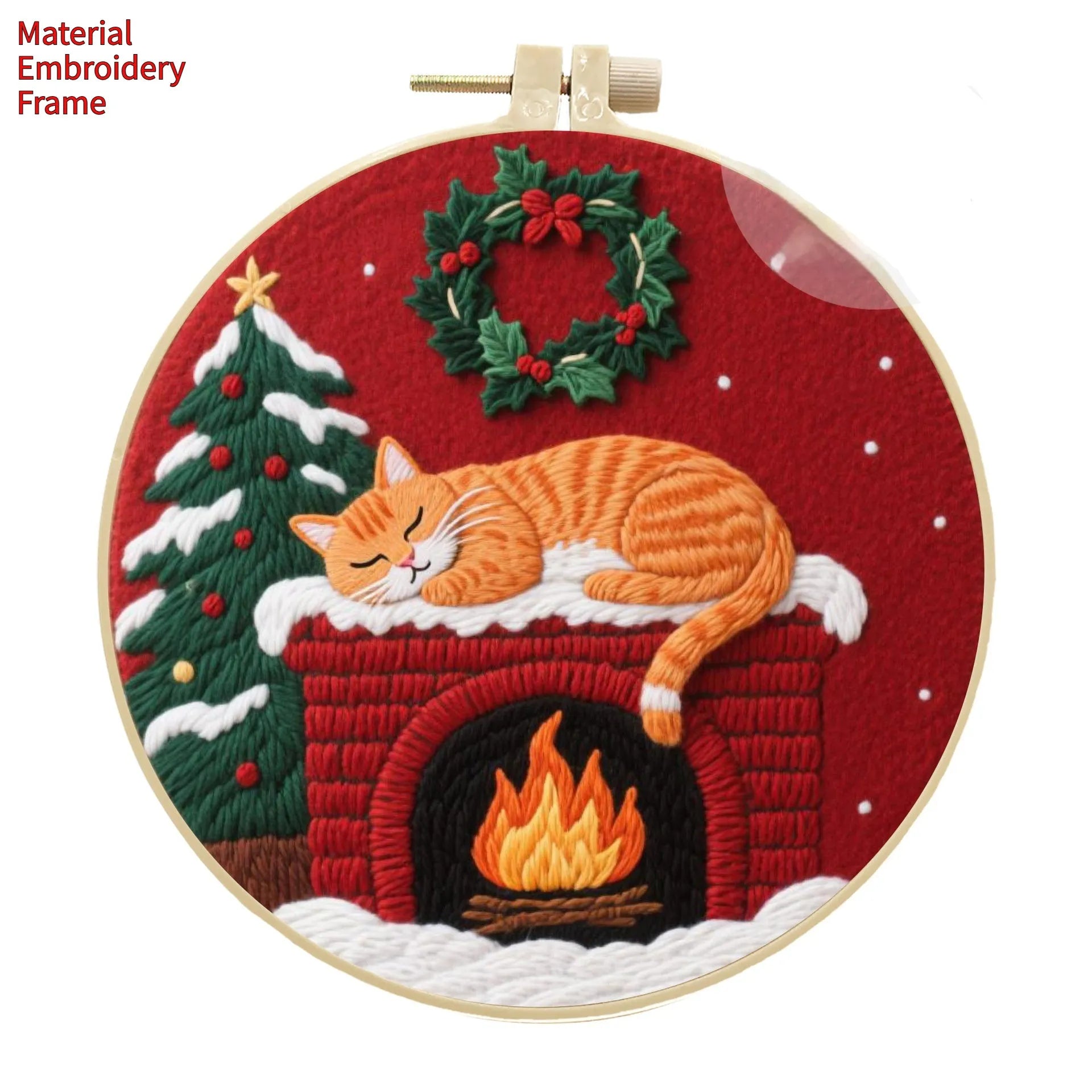 Embroidery material kit with autumn fruit and cat design on cotton linen fabric