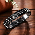 Titanium steel bracelet with curved heart piece featuring electroplated lettering in gift box