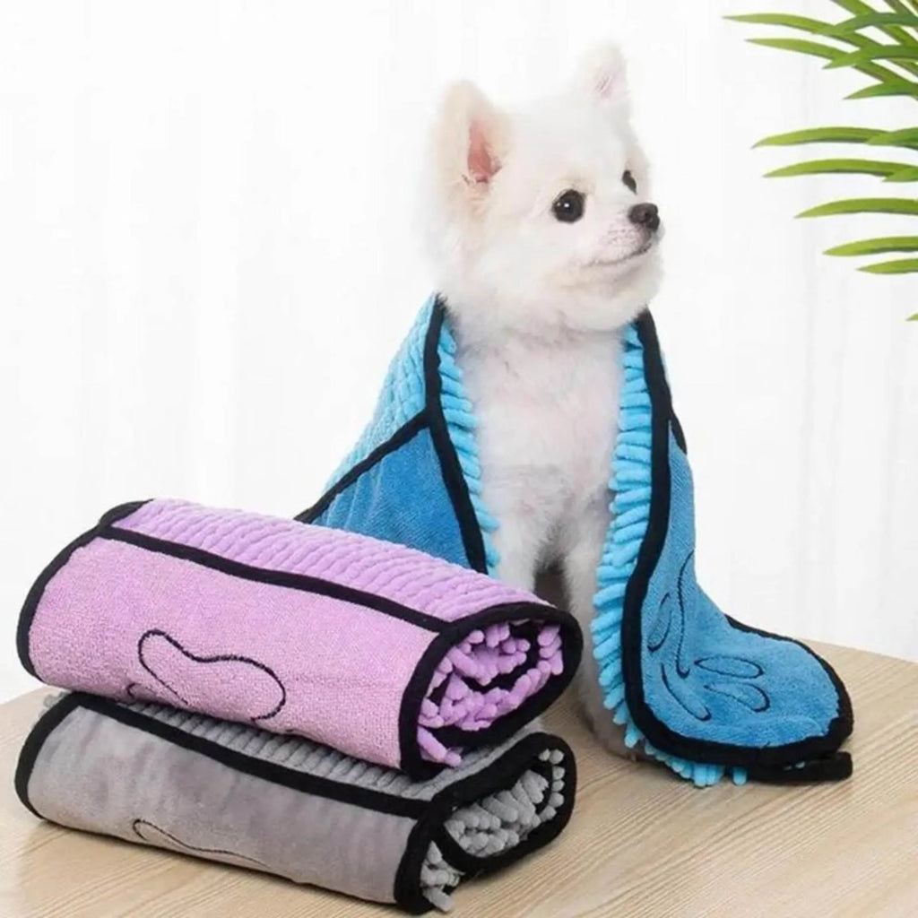 Blue microfibre pet bath towel for drying dogs and cats, showing robe-style design