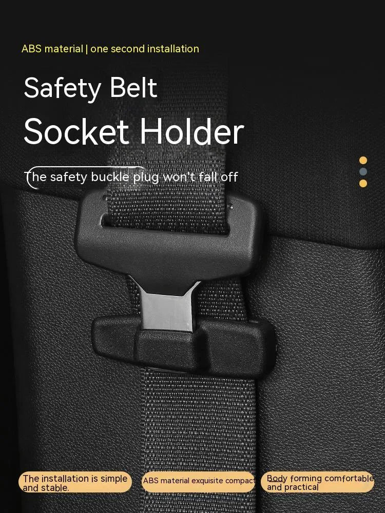 Two black ABS plastic car seatbelt adjustment clips packaged in a clear OPP bag.