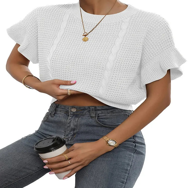 Women's twisted string design knitted pullover sweater with ruffled sleeves in loose fit casual style