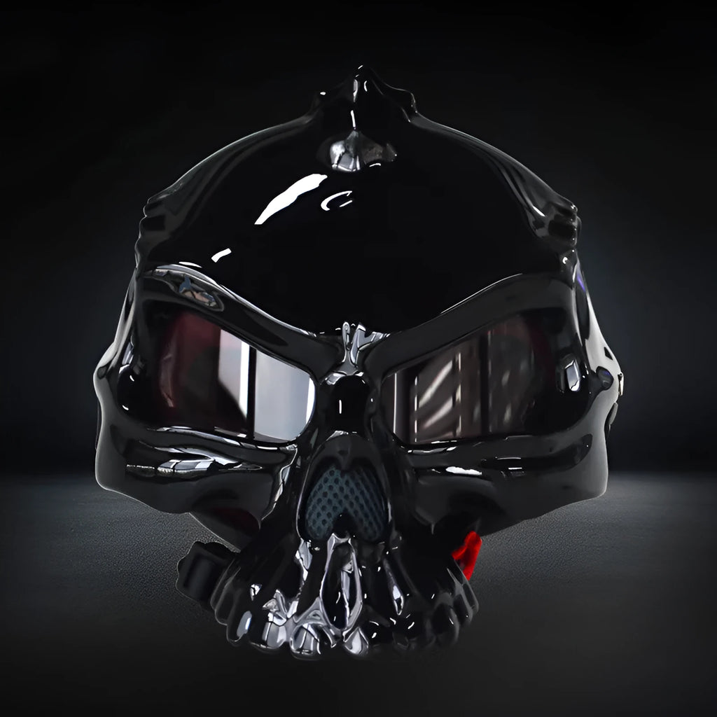 Double-sided changeable skull motorcycle helmet showing front and rear artwork designs
