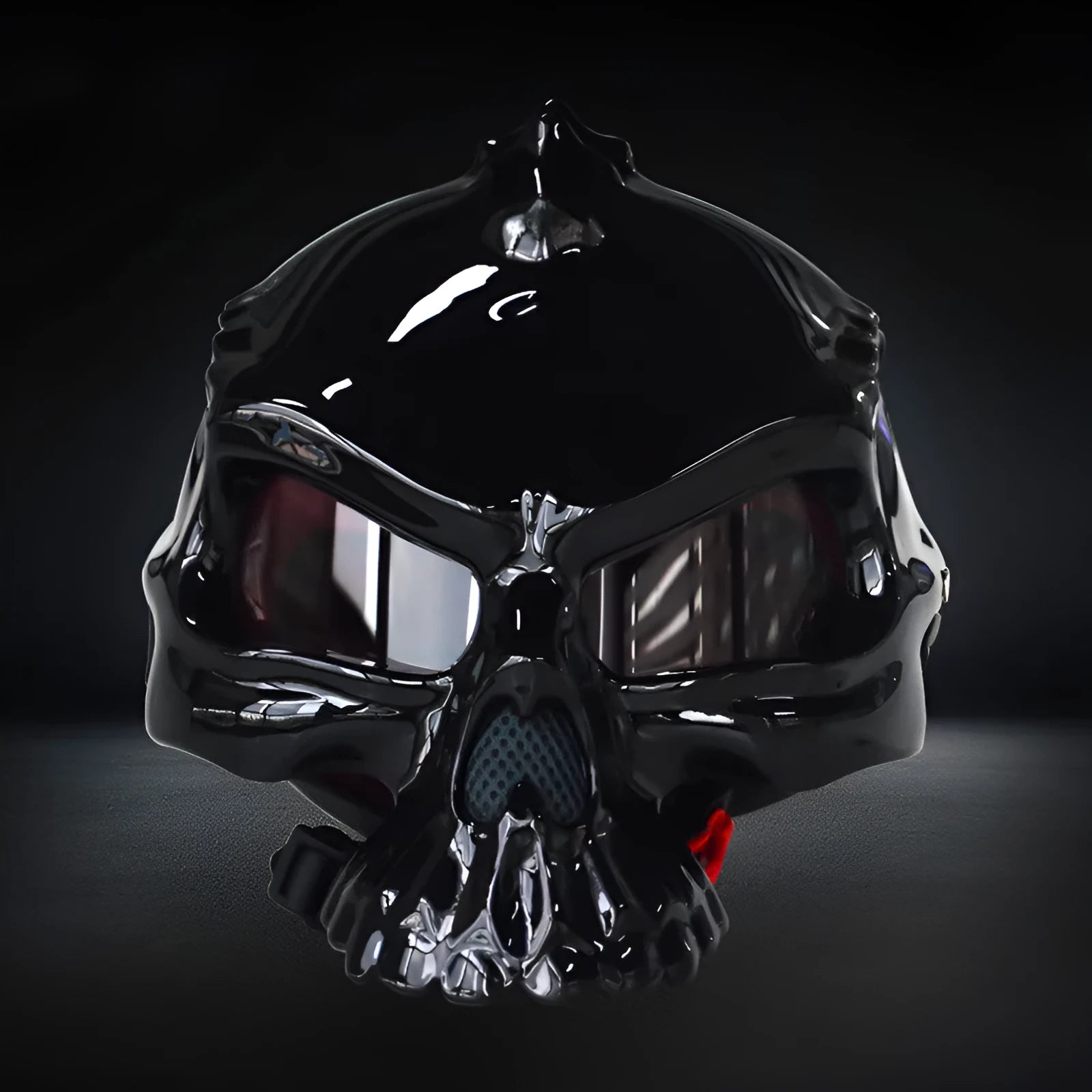 Double-sided changeable skull motorcycle helmet showing front and rear artwork designs