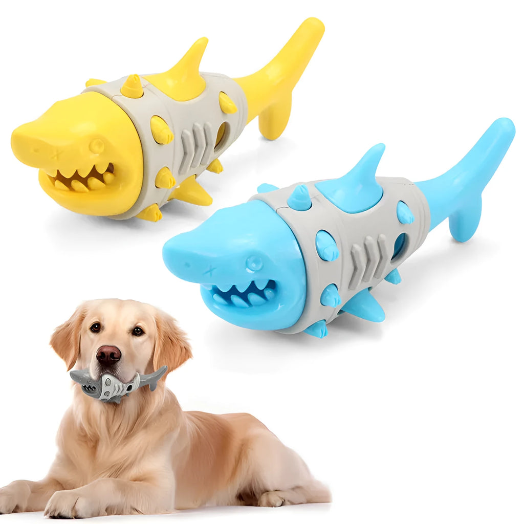 Blue textured dog chew toy shaped with ridges mimicking shark teeth for dental cleaning