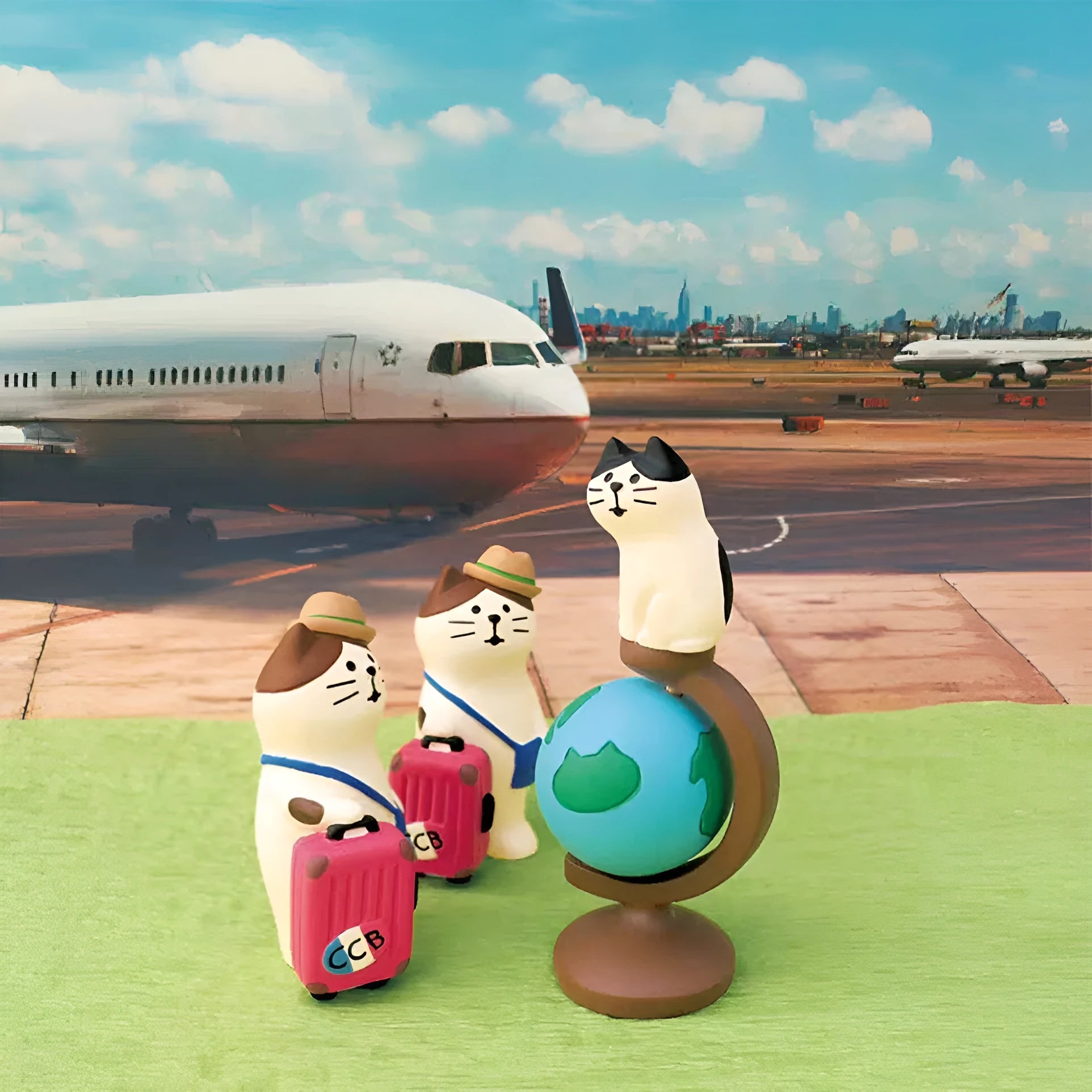 Cartoon cat Statue of Liberty resin statue holding a world globe, Carp Cat and Earth Instrument Cat styles.