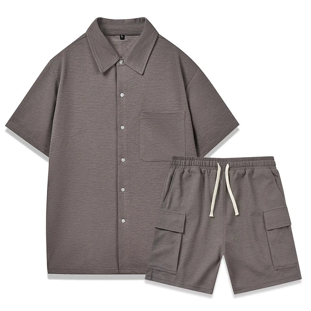 Plain polyester elastic waist shorts and short sleeve top co-ord set in beige colour.