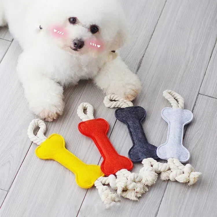 Felt bone shaped dog toy with rope knots in blue colour showing dimensions