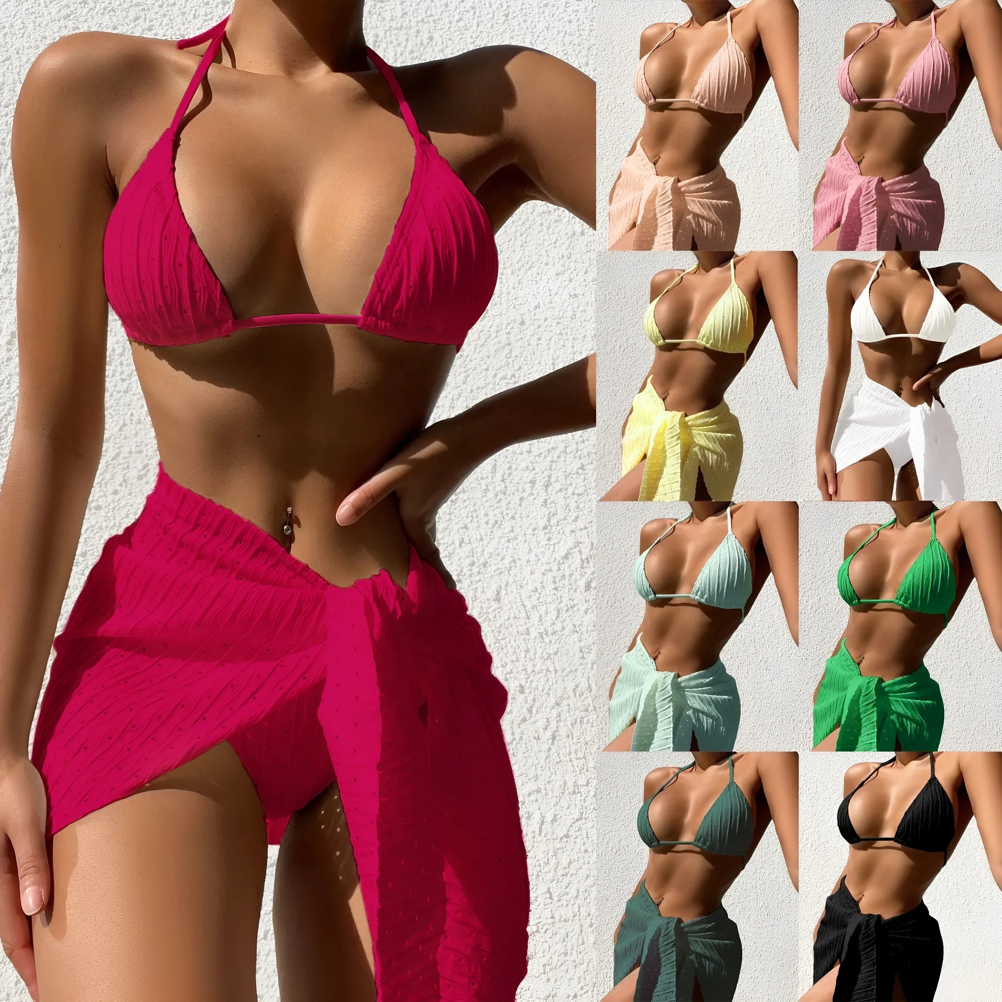 Women's halterneck swimsuit set with backless bikini and mesh skirt in solid colour