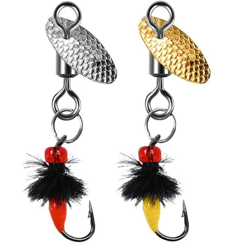 Five bionic poisonous mosquito fishing hooks with spinning sequins in multicolour patterns