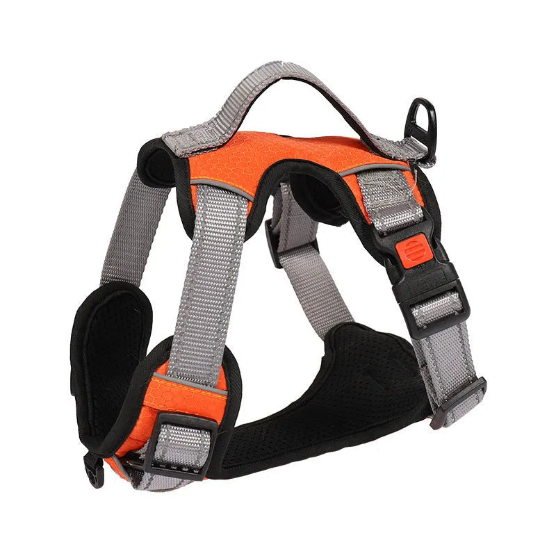 Orange polyester dog chest strap vest harness with an adjustable strap and a matching hand holding rope.