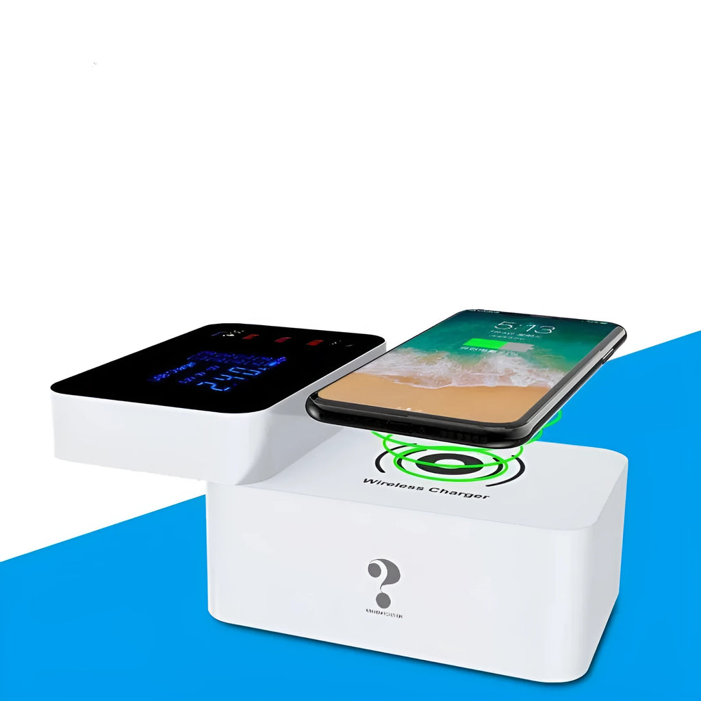 White multi-port USB wall charger with wireless charging pad and UK plug on a 1.5 metre cable.