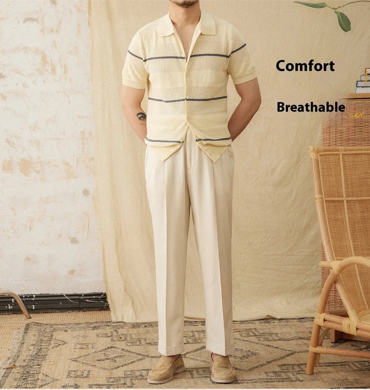 Camel coloured linen cotton blend short sleeve cardigan with lapel collar on hanger