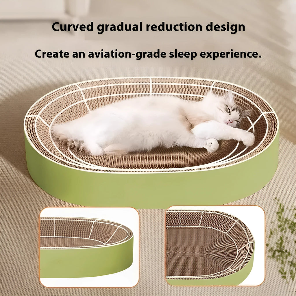 Green oval corrugated paper cat scratch board and nest with a 55cm diameter.