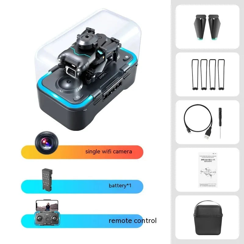 Black four-axis mini drone with cameras, showing obstacle avoidance sensors and compact plastic body.