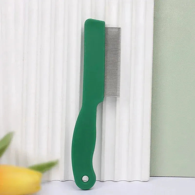 Green plastic handle stainless steel pin pet flea comb for dogs and cats on a white background.