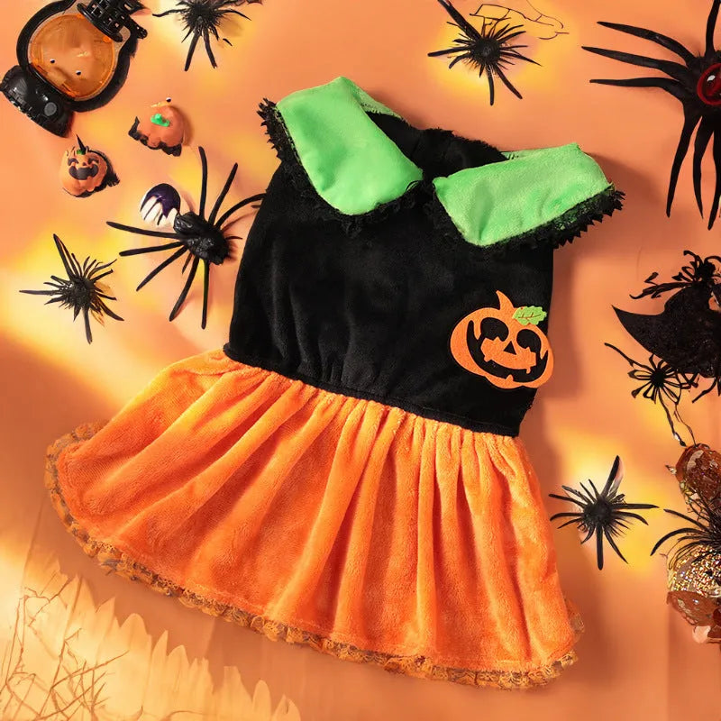 Crystal velvet Halloween pumpkin skirt costume for pet dog or cat in multiple sizes