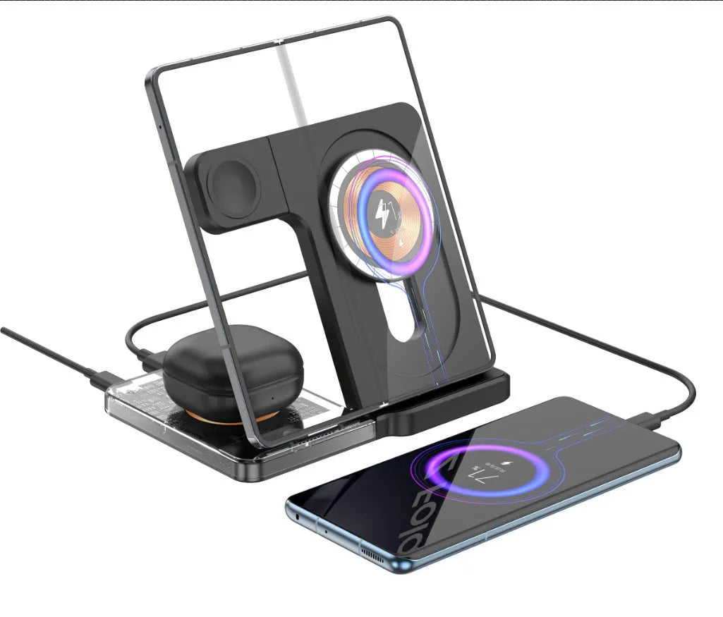 Black foldable wireless charging stand with phone, Apple Watch, and AirPods charging positions