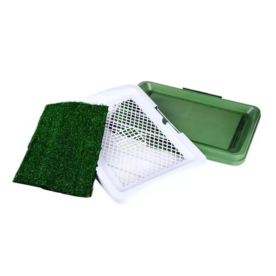 Green synthetic turf dog grass patch toilet training tray with three layers.