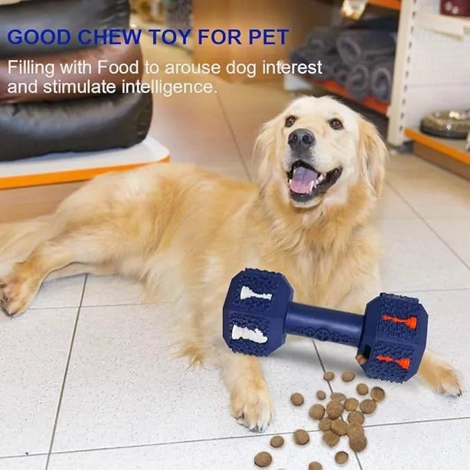 Blue dumbbell-shaped dog chew toy with textured surface and hollow ends for treats