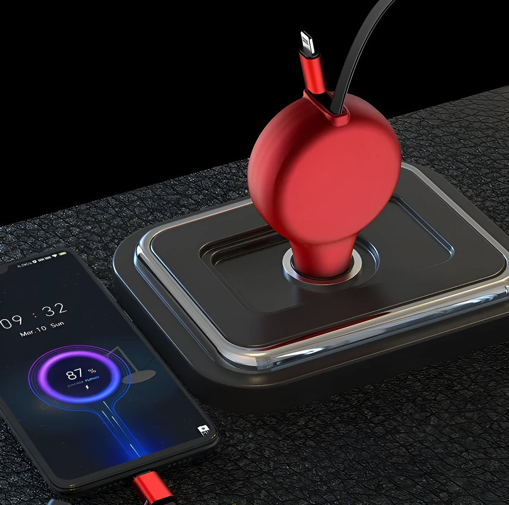 Black retractable car charger with extended USB-A and Type-C cables plugged into a car dashboard.