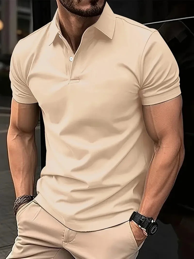 Men's slim fit solid colour short sleeve button-up shirt on a hanger.