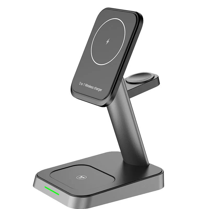 Black cube-shaped wireless charging station with vertical phone slot and multiple charging pads