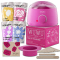 27-piece home waxing kit with digital heater, four coloured wax bead pots, and applicator sticks on a pink background.