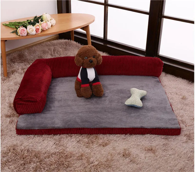 Corduroy bolster dog bed with high-density sponge filling and non-slip base in grey colour