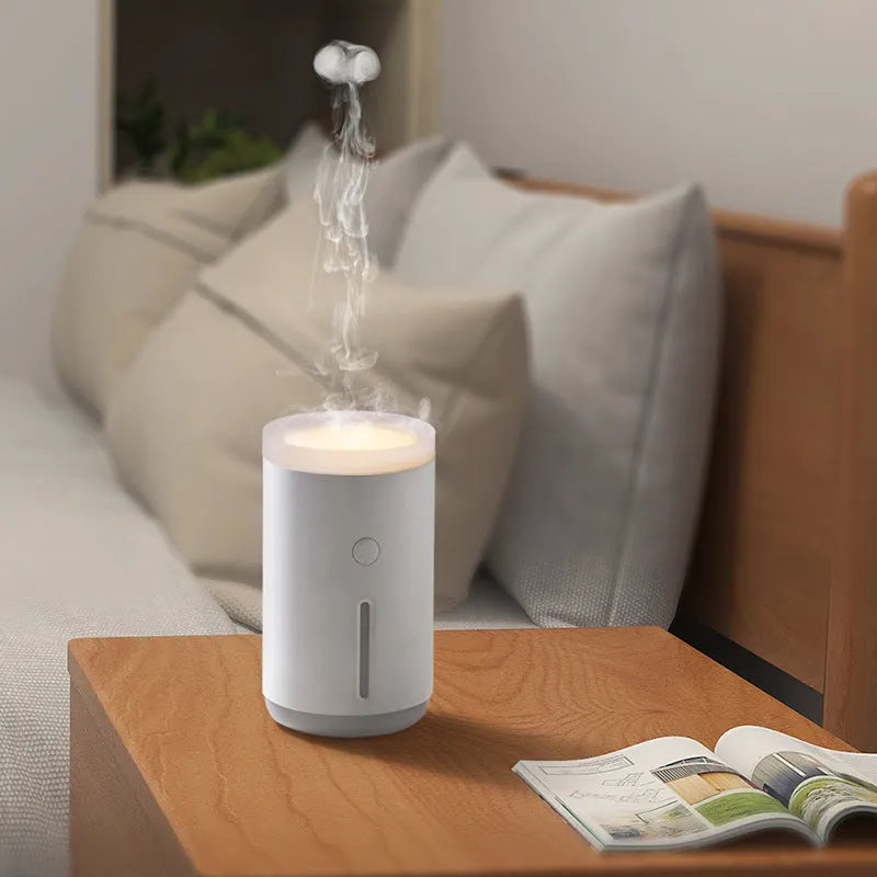Porcelain white desktop humidifier with lamp showing 360ml water tank and compact design