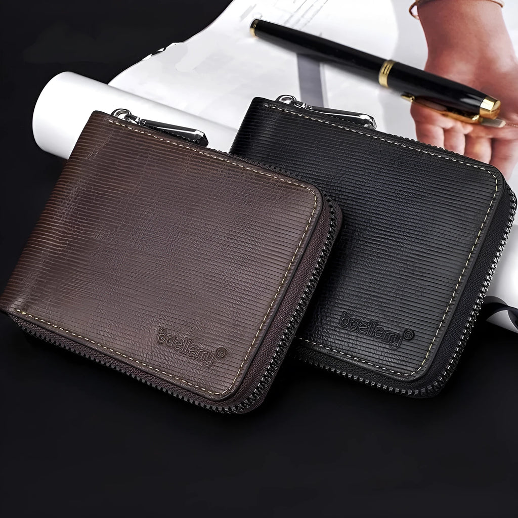 Leather anti-theft credit card zipper wallet with embossed design in black and brown colour options
